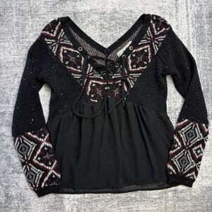 Abercrombie Fitch Top Womens Small Black Mixed Media Sweater Babydoll Fair Isle